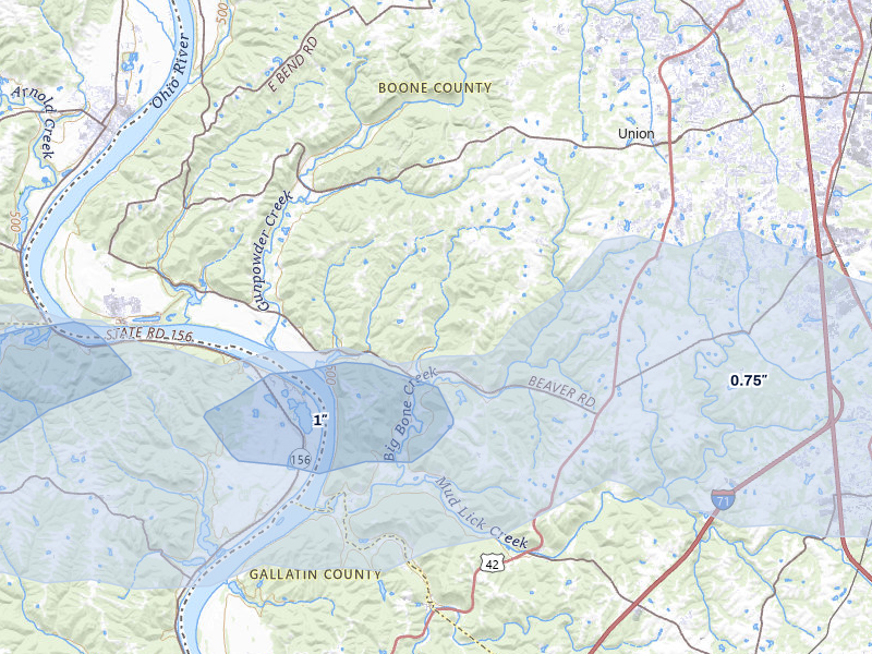 NEXRAD radar-signature map of the hail storm over Union, KY on May 16, 2026