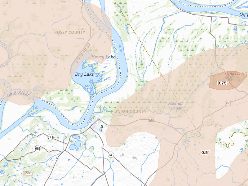 Radar-estimated hail-size map of the storm over Uniontown, KY on Apr 27, 2026