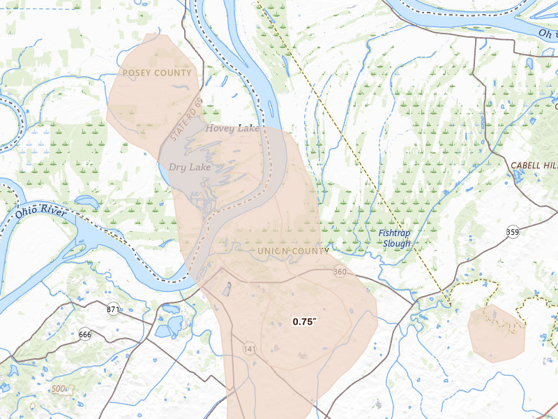 Radar-estimated hail-size map of the storm over Uniontown, KY on Jul 4, 2026