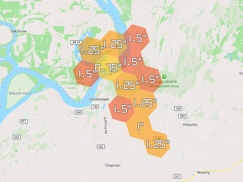 Hail map of Uniontown, KY on Jul 4, 2026, hail up to 1.5"