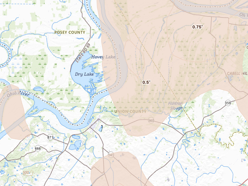Radar-estimated hail-size map of the storm over Uniontown, KY on Jul 26, 2026