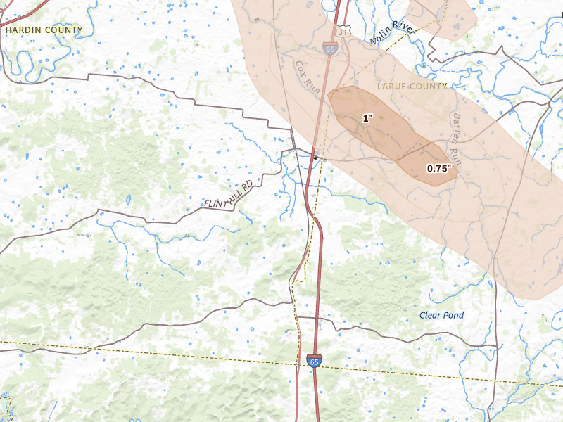 Radar-estimated hail-size map of the storm over Upton, KY on Aug 11, 2026