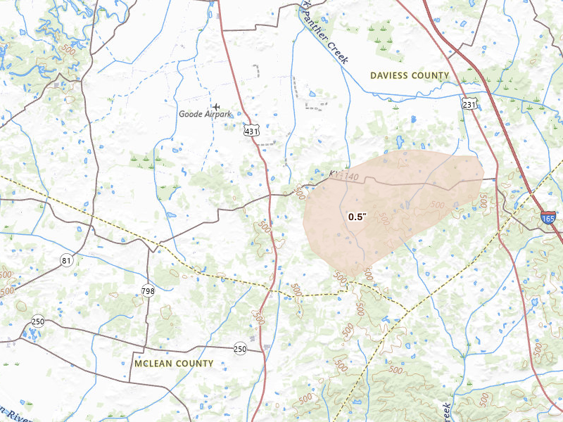 Radar-estimated hail-size map of the storm over Utica, KY on May 19, 2026