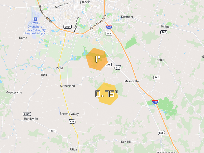 Hail map of Utica, KY on Jul 10, 2026, hail up to 1"
