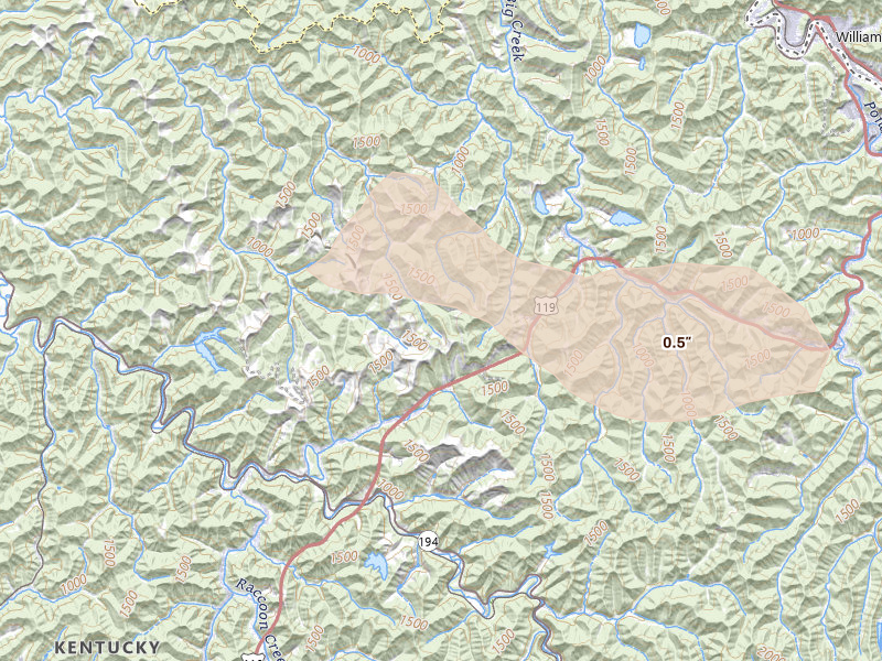 Radar-estimated hail-size map of the storm over Varney, KY on Jun 26, 2026