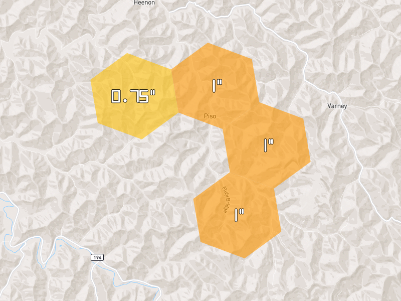 Hail map of Varney, KY on Jun 26, 2026, hail up to 1"