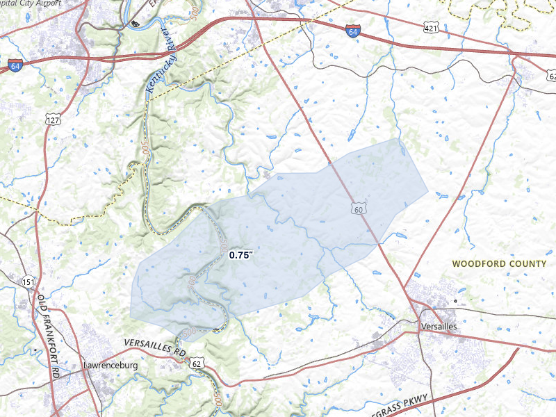 NEXRAD radar-signature map of the hail storm over Versailles, KY on Apr 1, 2026