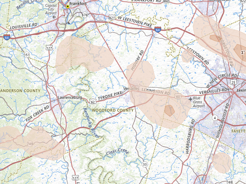 Radar-estimated hail-size map of the storm over Versailles, KY on Aug 11, 2026