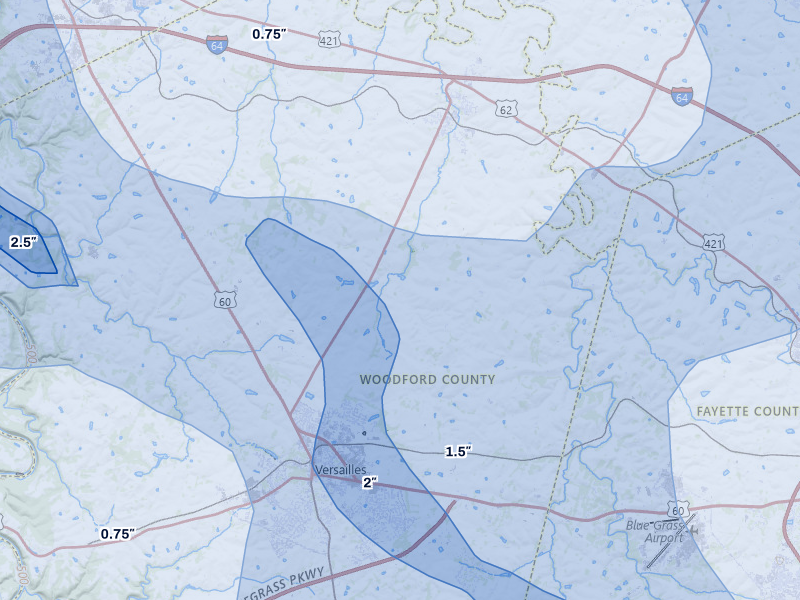 NEXRAD radar-signature map of the hail storm over Versailles, KY on Aug 11, 2026