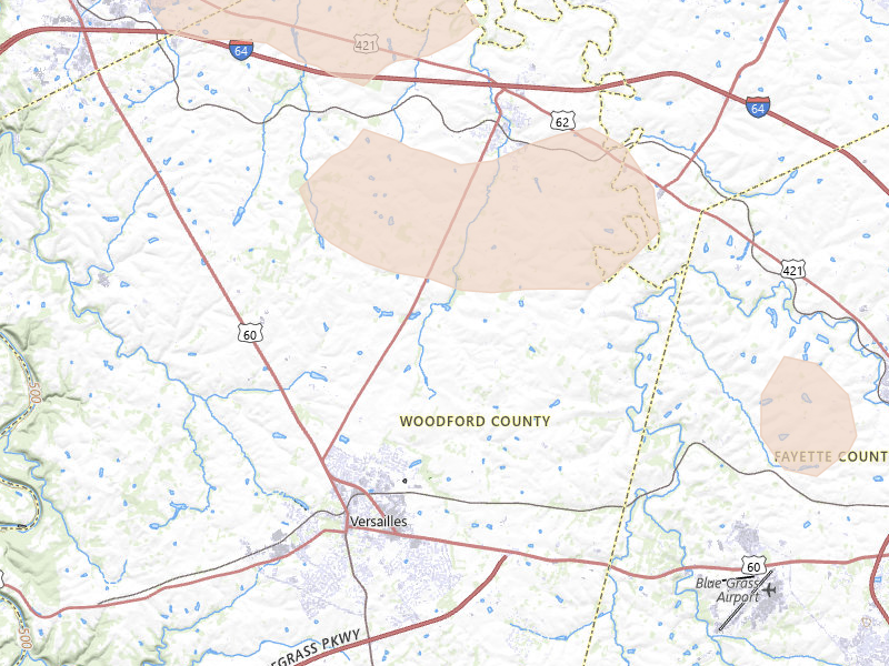 Radar-estimated hail-size map of the storm over Versailles, KY on Aug 16, 2026