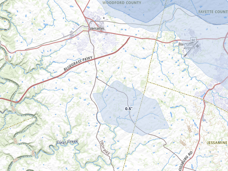 NEXRAD radar-signature map of the hail storm over Versailles, KY on Aug 16, 2026