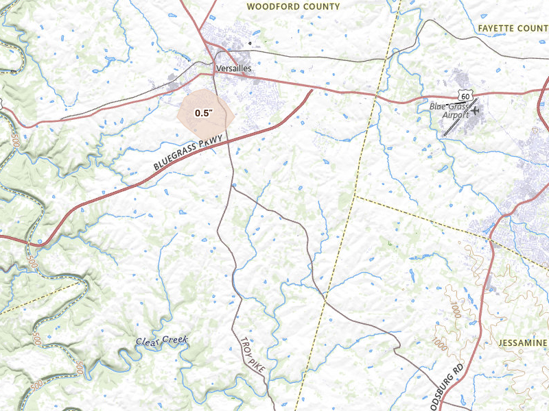 Radar-estimated hail-size map of the storm over Versailles, KY on Sep 4, 2026