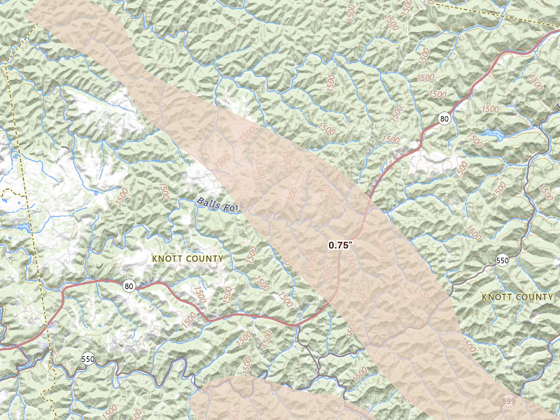 Radar-estimated hail-size map of the storm over Vest, KY on Aug 22, 2026