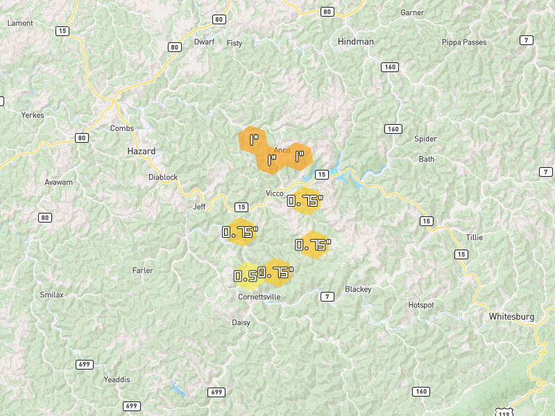 Hail map of Vicco, KY on Jul 28, 2026, hail up to 1"