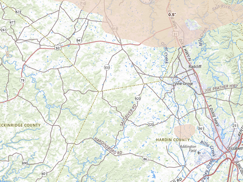 Radar-estimated hail-size map of the storm over Vine Grove, KY on Jul 21, 2026