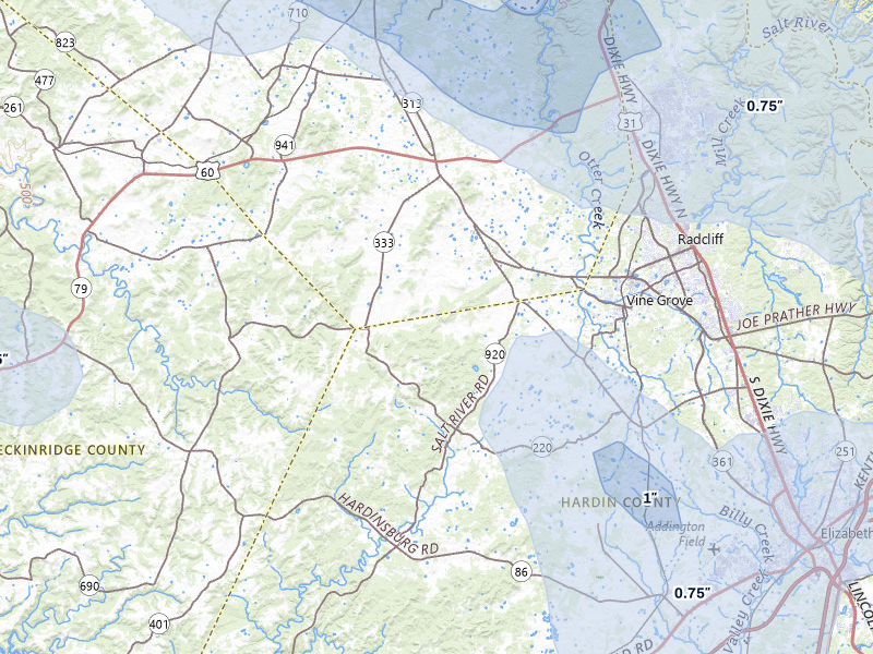 NEXRAD radar-signature map of the hail storm over Vine Grove, KY on Jul 21, 2026