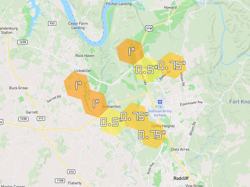 Hail map of Vine Grove, KY on Jul 21, 2026, hail up to 1"