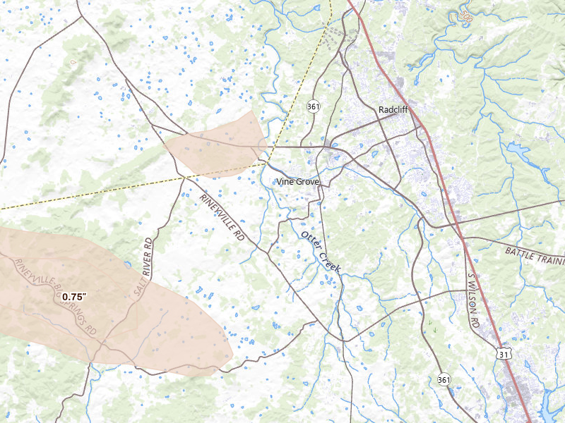 Radar-estimated hail-size map of the storm over Vine Grove, KY on Aug 11, 2026