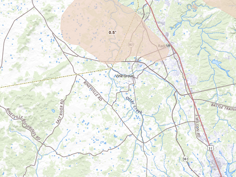 Radar-estimated hail-size map of the storm over Vine Grove, KY on Aug 12, 2026