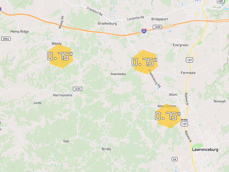 Hail map of Waddy, KY on Jul 21, 2026, hail up to 0.75"