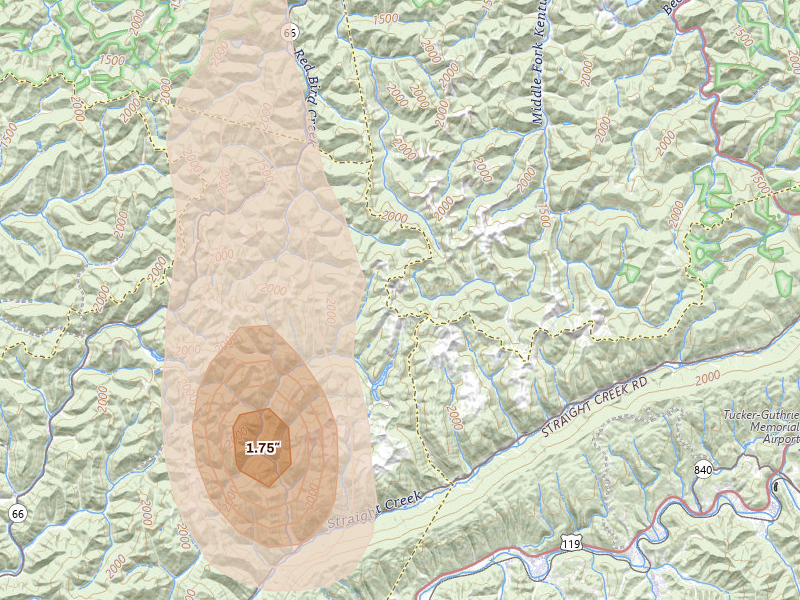 Radar-estimated hail-size map of the storm over Warbranch, KY on Jul 3, 2026