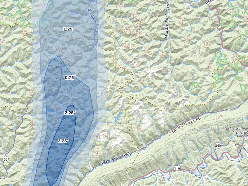 NEXRAD radar-signature map of the hail storm over Warbranch, KY on Jul 3, 2026