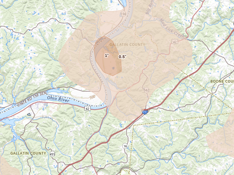 Radar-estimated hail-size map of the storm over Warsaw, KY on Aug 11, 2026