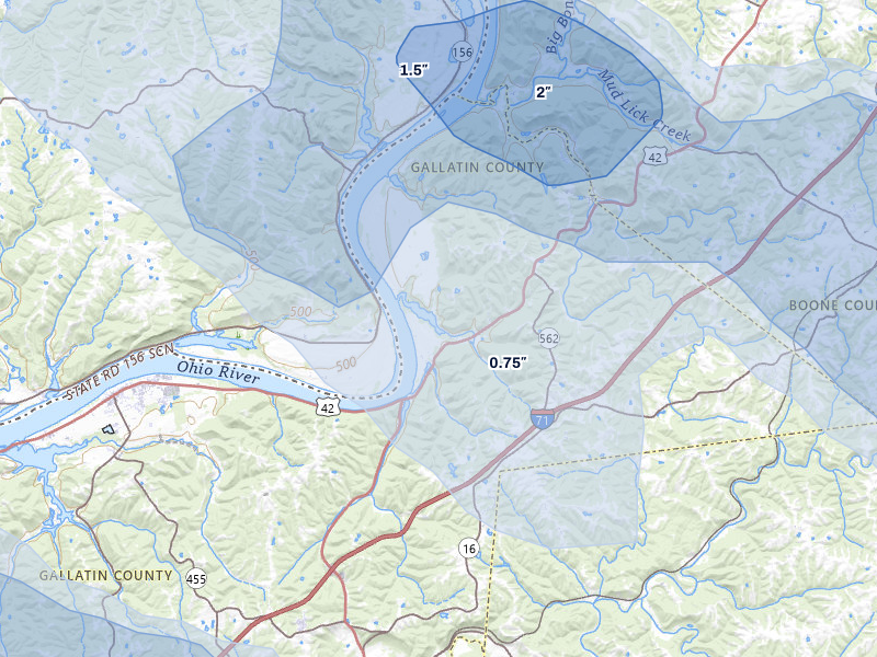 NEXRAD radar-signature map of the hail storm over Warsaw, KY on Aug 11, 2026