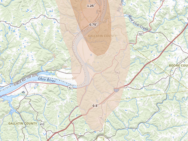 Radar-estimated hail-size map of the storm over Warsaw, KY