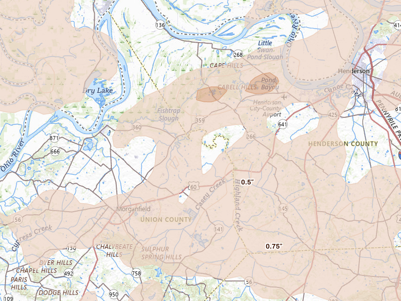 Radar-estimated hail-size map of the storm over Waverly, KY on Apr 27, 2026