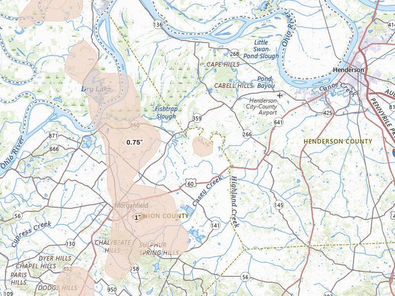 Radar-estimated hail-size map of the storm over Waverly, KY on Jul 4, 2026