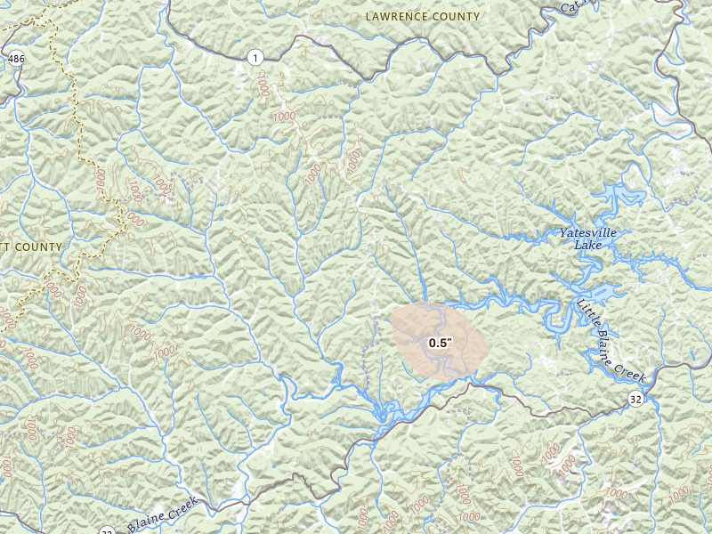Radar-estimated hail-size map of the storm over Webbville, KY on Aug 15, 2026