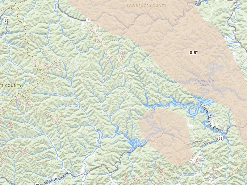 Radar-estimated hail-size map of the storm over Webbville, KY on Aug 16, 2026