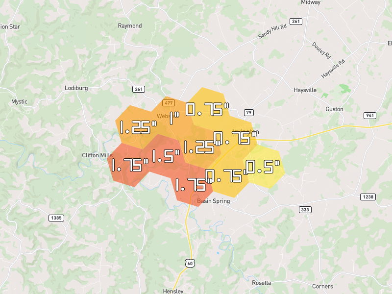 Hail map of Webster, KY on Jul 10, 2026, hail up to 1.75"