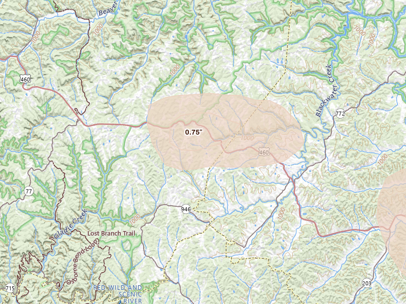 Radar-estimated hail-size map of the storm over Wellington, KY on Aug 22, 2026