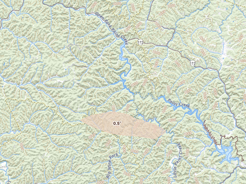 Radar-estimated hail-size map of the storm over West Liberty, KY on Aug 11, 2026