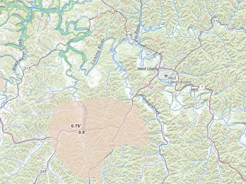 Radar-estimated hail-size map of the storm over West Liberty, KY on Aug 22, 2026