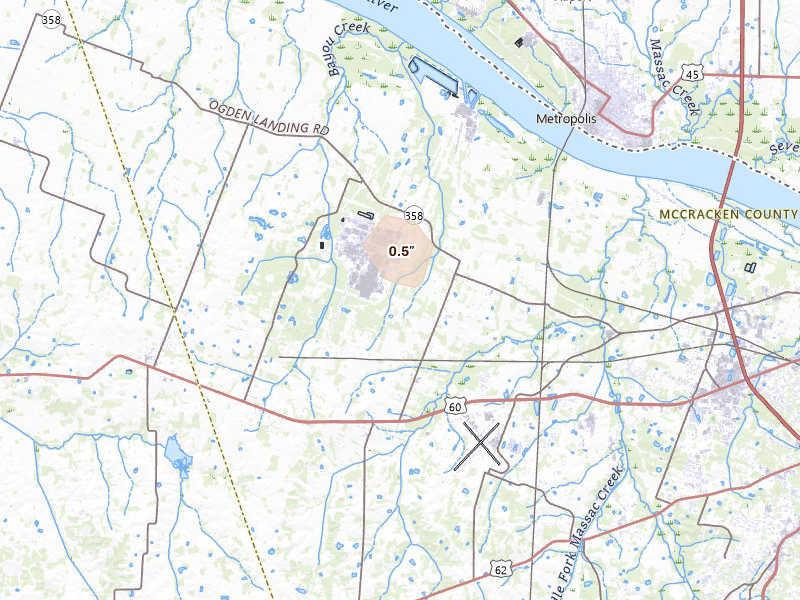 Radar-estimated hail-size map of the storm over West Paducah, KY on May 18, 2026