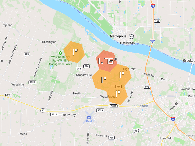Hail map of West Paducah, KY on Jun 1, 2026, hail up to 1.75"