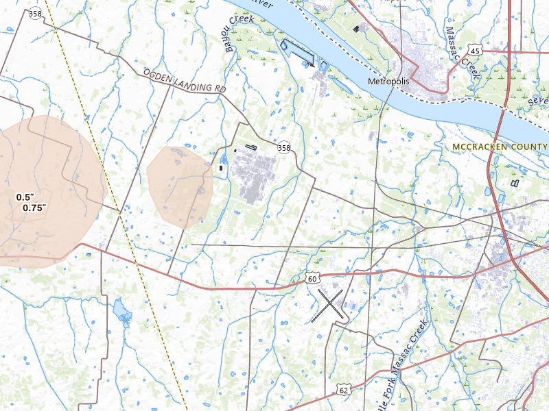 Radar-estimated hail-size map of the storm over West Paducah, KY on Jul 4, 2026