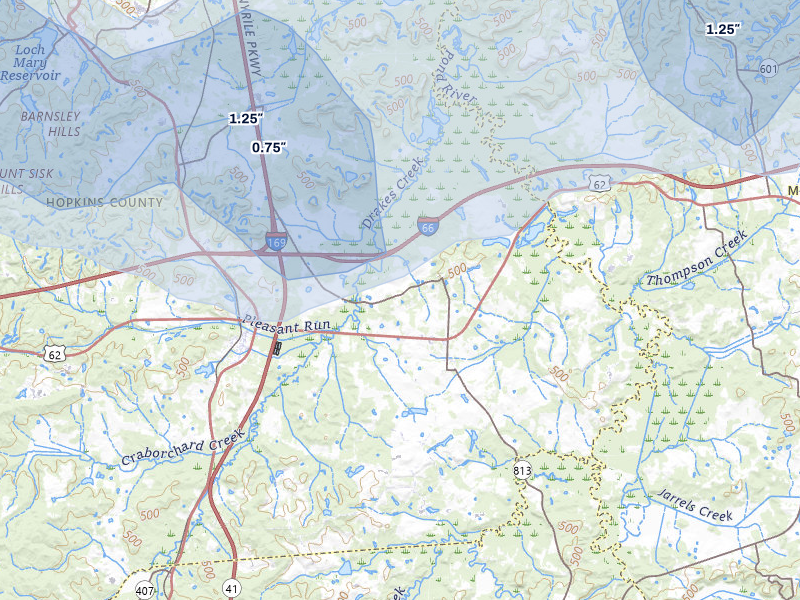 NEXRAD radar-signature map of the hail over White Plains, KY