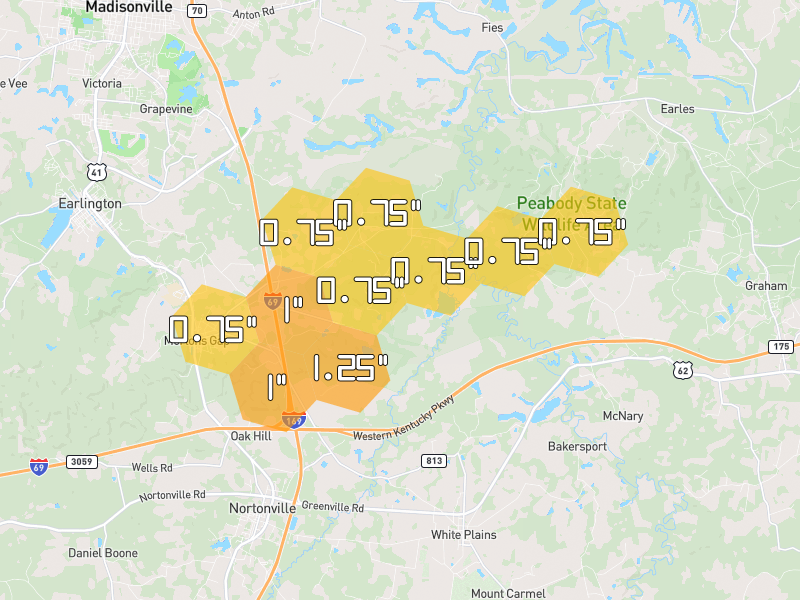 Hail map of White Plains, KY on Jul 2, 2026, hail up to 1.25"