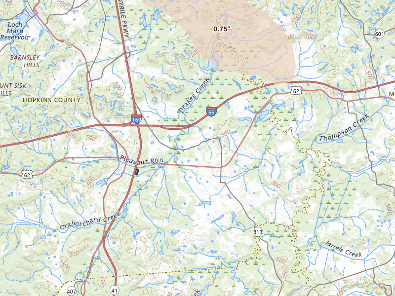 Radar-estimated hail-size map of the storm over White Plains, KY on Jul 21, 2026