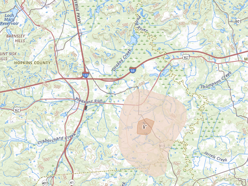 Radar-estimated hail-size map of the storm over White Plains, KY on Aug 8, 2026