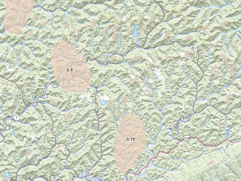 Radar-estimated hail-size map of the storm over Whitesburg, KY on Aug 16, 2026