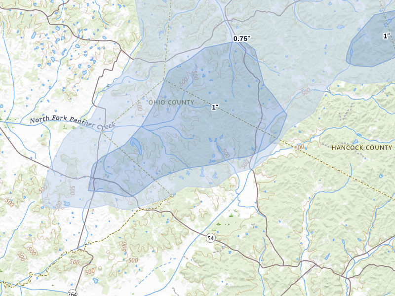 NEXRAD radar-signature map of the hail over Whitesville, KY
