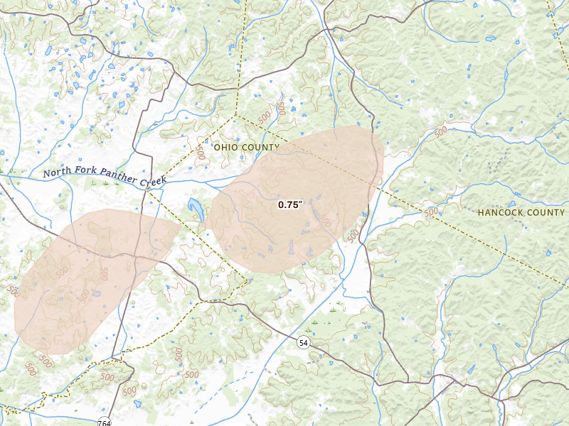 Radar-estimated hail-size map of the storm over Whitesville, KY on May 19, 2026