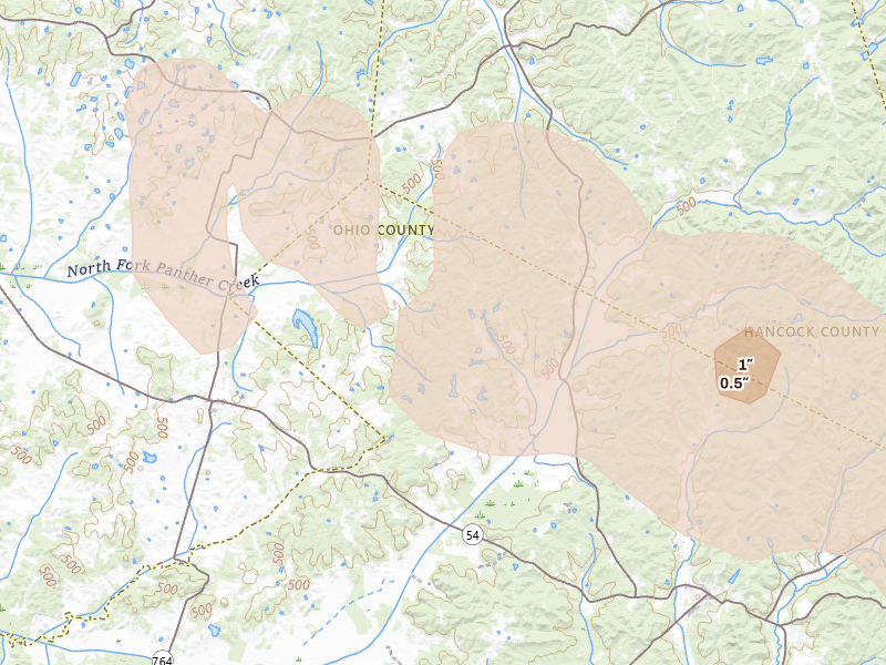Radar-estimated hail-size map of the storm over Whitesville, KY on Jul 21, 2026