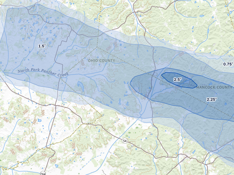 NEXRAD radar-signature map of the hail over Whitesville, KY