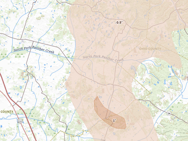 Radar-estimated hail-size map of the storm over Whitesville, KY on Aug 12, 2026